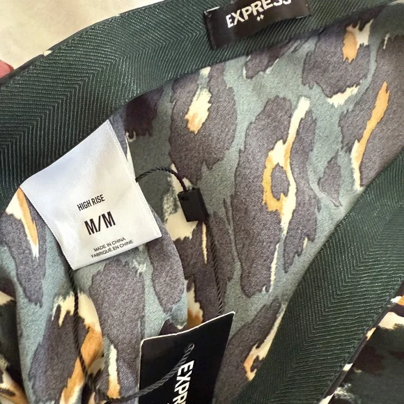 Express Dark Green Leopard Print Satin Silky Midi Slip Skirt Medium Autumn - Picture 5 of 8